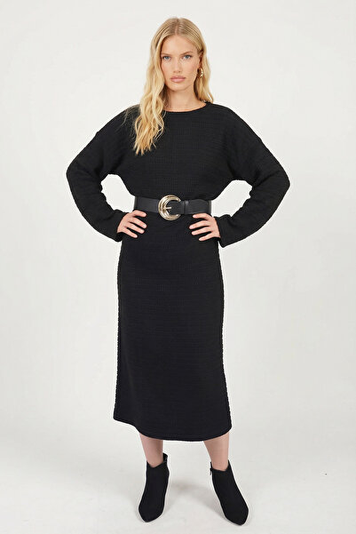 armonika Kadın Siyah Uzun Kollu Yumuşak Dokulu Salaş Elbise ARM-26K001078