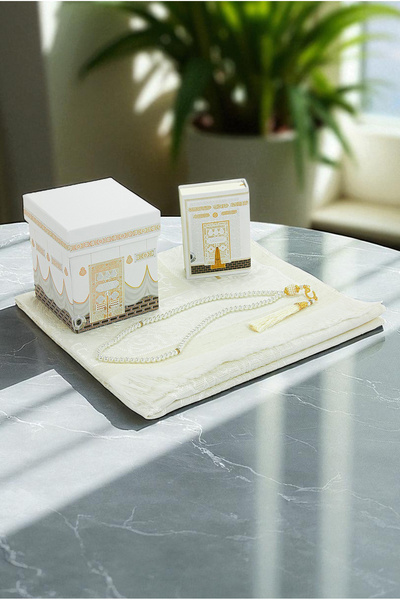 ihvan online Kabe Patterned Special Boxed Quran Prayer Rug Mevlüt Set White