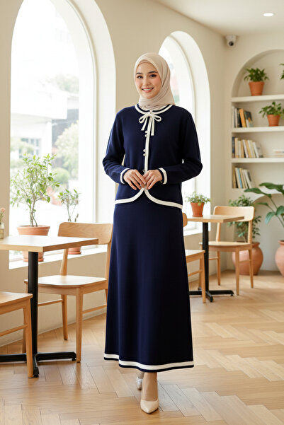 Kirazgym Modest Clothing Lace-Up Striped Detailed Buttoned Skirt and Cardigan Knitwear Set