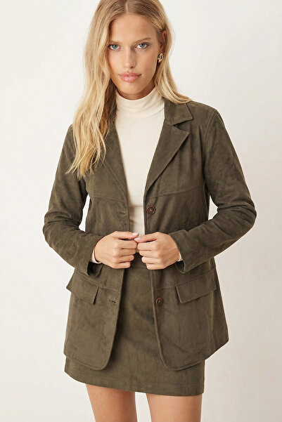 armonika Women's Khaki Collared Pocket Covered Buttoned Shoulder Pad Layer Premium Suede Oversized Jacket Arm-25K001057