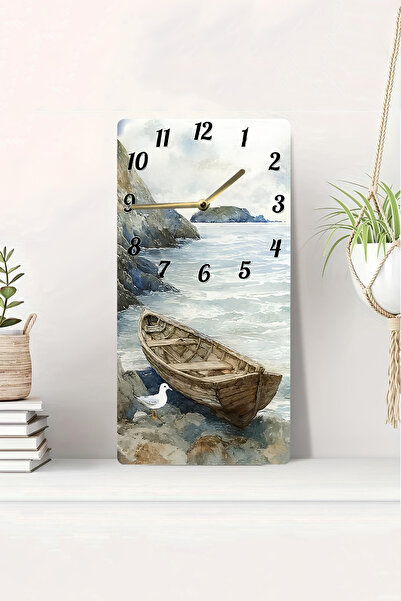 kutuTR 3D Görünümlü 2D UV Baskı Deniz Manzaralı Kayık Temalı MDF Tablo Saat 20x40 cm-DTS036