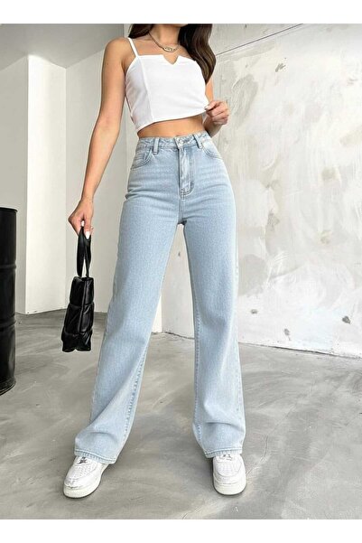 Trn JNS Goofy Ice Blue material elastic Super talie înaltă Casual Pantaloni d...