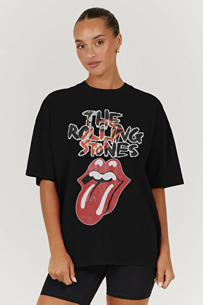 kun inaki The Rolling Stones Baskılı Oversize Kalıp Siyah Geniş Bol Kesim Kadın Tişört
