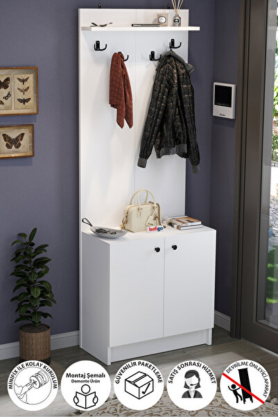 Bofigo 2 Kapaklı Portmanto Elbise Askılığı Vestiyer Ayakkabılık Askılık Güneş Beyaz