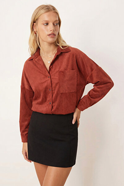armonika Women's Dark Brick Pocket Oversized Thin F Corded Fabric Velvet Shirt Arm-24K001076