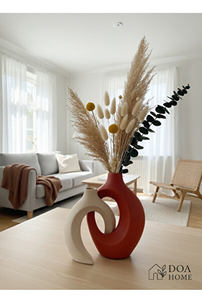 DOAHOMECONCEPT İkili Sarmaşık Sevgili Dekoratif Vazo Seti Bej-Oksit Kırmızı