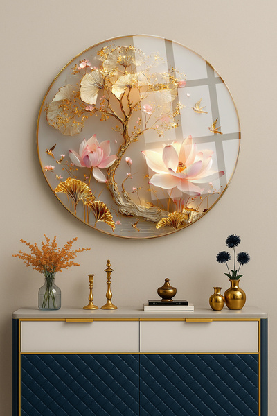 TAULART ALTIN LOTUS ÇİÇEĞİ AĞAÇ TEMALI DAİRE SANATSAL DEKOR KIRILMAZ LÜKS CAM TABLO