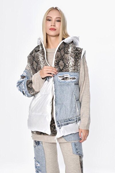 DQMANE سترة منفوخة دافئة بنمط جلد الثعبان مع تفاصيل جينز