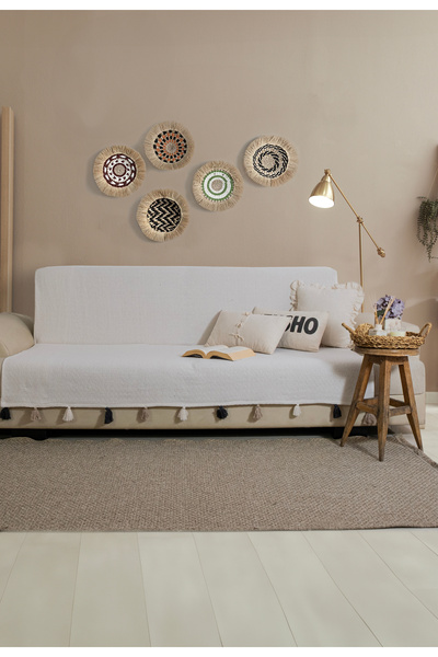 Lux Touch Magnolia Sırtı Örten Ekru Koyu Püsküllü 170x 205 cm Koltuk Örtüsü - Premium, Dokulu, Leke Tutmaz