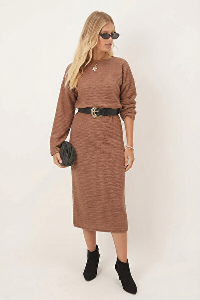 armonika Women's Light Brown Long Sleeve Soft Textured Loose Dress Arm-26K001078