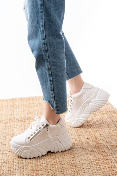 Zerenyus Zri̇n-156 Premium White Lace-Up Zippered High Sole Women's Sneaker