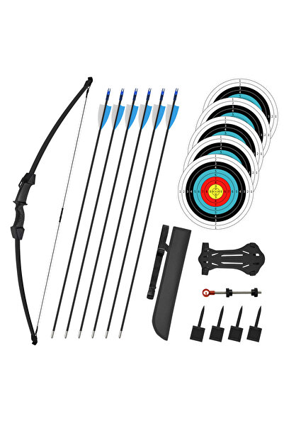 YESMAX مجموعة القوس والسهام، هدية للمبتدئين في الرماية المنحنية، مجموعة القوس الطويل، 6 أسهم، 5 أوراق هدف