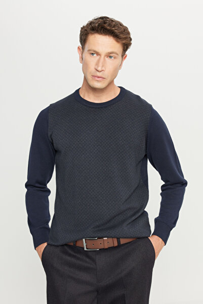 ALTINYILDIZ CLASSICS Men's Navy Blue Cotton Standard Fit Regular Cut Crew Neck Patterned Knitwear Sweater