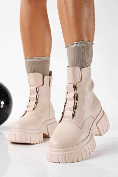 Zaira Γυναικείες μπεζ γούνινες μπότες από οικολογικό δέρμα Maia #22809 - 40