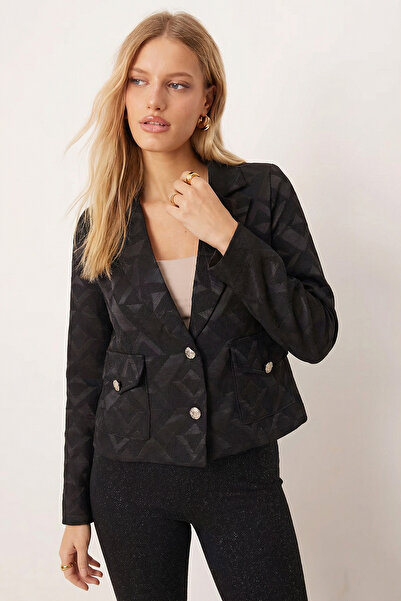 armonika Women's Black Men's Collar Square Pocket Crop Jacket Arm-26K001086