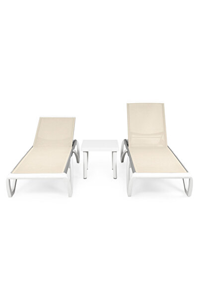 Maison Mex Set of 2 sun loungers and garden/terrace table, YATI, white/cream