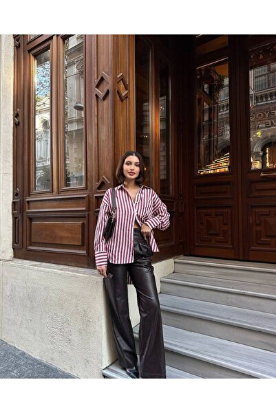 DONNA LISSA Cămașă pentru femei cu dungi bordeaux-alb supradimensionat DL83