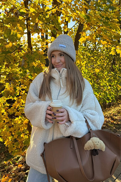 Hola Lady Ekru Dik Yakalı Cepli Peluş Mont HL0208