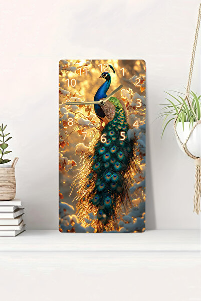 kutuTR 3D Looking Peacock Themed 2D Uv Printing Mdf Table Clock 20X40 cm Decorative Wall Clock-Dts031