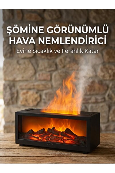 NEFFO Alev Efektli Şömine Aromaterapi Difüzörü | 4’ü 1 Arada Nemlendirici | 150 ml Serin Buhar | LED Işık