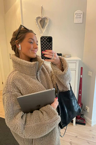 Hola Lady Brown Plush Coat with Mock Neck Pockets Hl0208