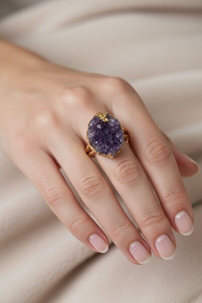 Pisidesa Doğal Ametist Taşlı Ayarlanabilir Yüzük Mistik & Şık Tasarım Enerji Takısı