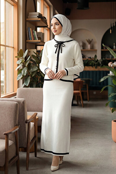 FERHEL Modest Clothing Lace-Up Striped Detailed Buttoned Skirt and Cardigan Knitwear Set