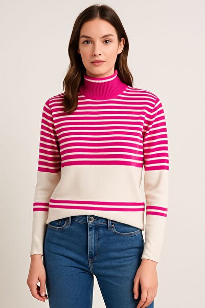 Gönülden Tasarım Pulover de damă cu dungi roz și alb supradimensionat