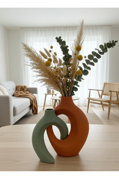 DOAHOMECONCEPT İkili Sarmaşık Sevgili Dekoratif Vazo Seti Adaçayı Yeşili-Terr...