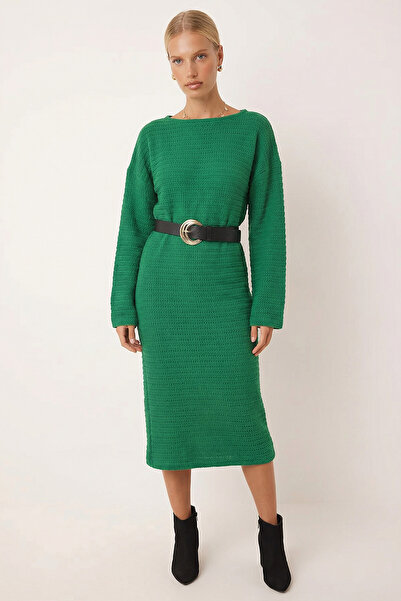 armonika Women's Green Long Sleeve Soft Textured Loose Dress Arm-26K001078