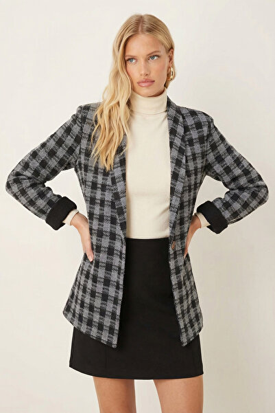 armonika Women's Smoked Shawl Collar Sleeves Paneled Single Button Jacket Arm-26K001087