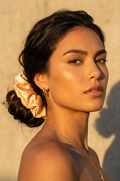 Salvia Dione Orange Satin Hair Scrunchie Large Size Shiny Silk Textured Elastic Scrunchie Soft Non-Marking XL Scrunchie