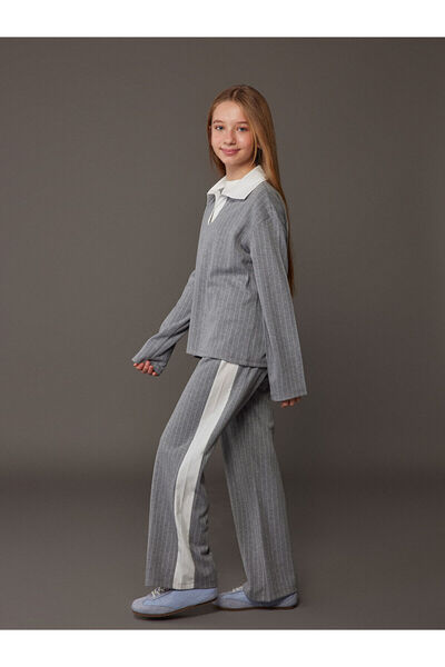 LC Waikiki Alita City Lcw Kids Gray Polo Collar Striped Girls' Sweatshirt and...