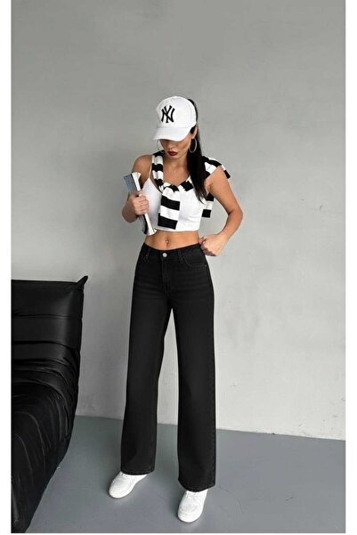 NWC Güneş Siyah material elastic Super talie înaltă Denim cu picioare largi p...