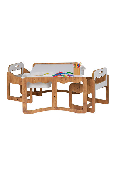 BEEVOLİ Montessori 2 Kişilik Masa Sandalye Takımı, 18mm Ceviz-Beyaz MDF, Beya...