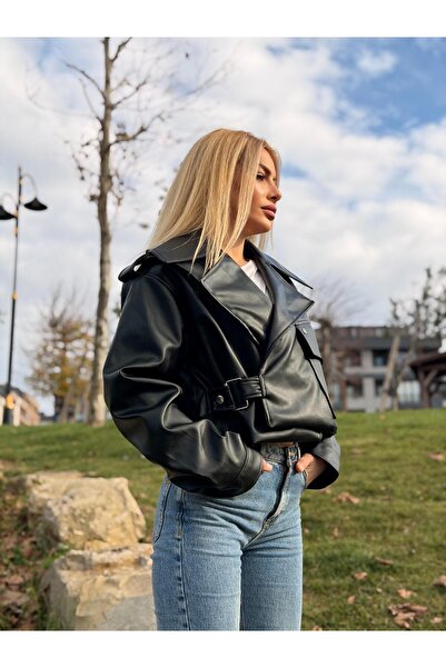 derrymore New Season Crop Leather Jacket with Flap Details