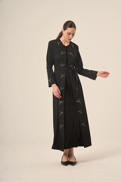 derin store Siyah İki Parça Kristal Taş Detaylı Abaya 6517-25 Siyah