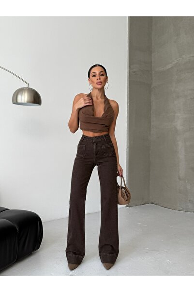 HerTon Yüksek Bel Ön Cepli Geniş Paça Kahve Denim Pantolon