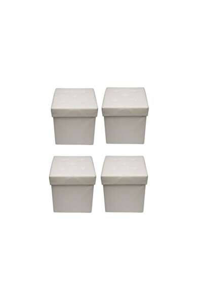 JHT Set of 4 Foldable Ottomans with Storage, 38x38x38 cm, Cream