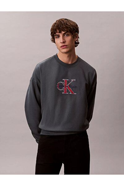 Calvin Klein Men's Ck Letter Pattern Long Sleeve Cotton Crew Neck Gray Sweats...
