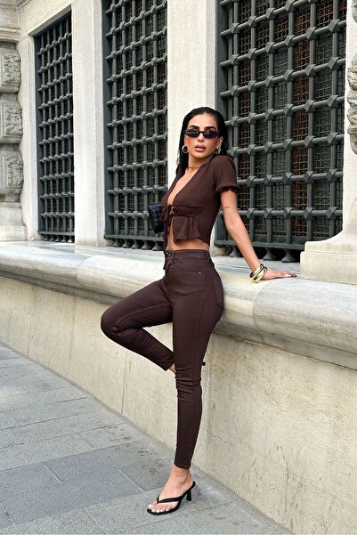 HLT JEANS Kadın Kahverengi Süper Skinny Fit Esnek Likralı Yüksek Bel Jean Kot...