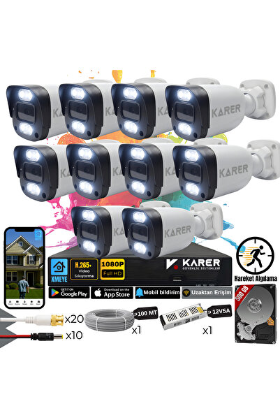 KARER Exitcam-10'li AHD Güvenlik Kamera Seti-Gece Renkli-6 WARMLED'li- Su Geç...