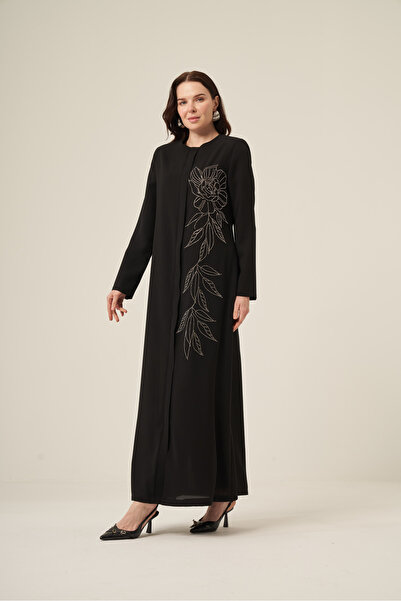 ihvan online Siyah Beyaz Taş Detaylı Gizli Fermuarlı Tesettür Ferace 6158-25 Siyah