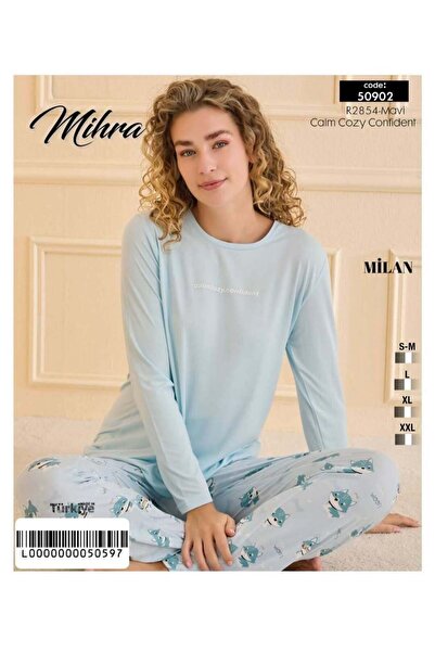 Mihra Mavi Renkli Milan Kumaş Sıfır Yaka Uzun Kollu Kadın Pijama Takımı