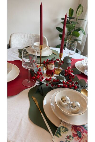 Lin Home Yılbaşı Konseptli Kırmızı Yeşil Deri Amerikan Servis 4lü set/Supla/Placemats