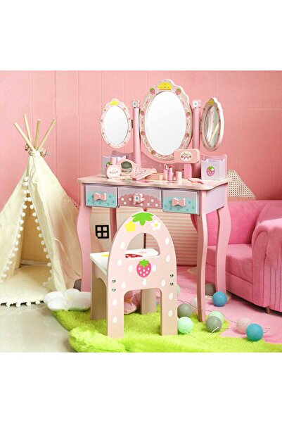 Timebox Set de joacă pentru masă de machiaj din lemn cu oglindă 360° și acces...
