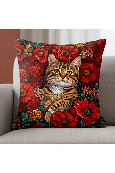Lena Deco çiçek bahçesindeki kedi dijital baskı dekoratif kırlent kılıfı