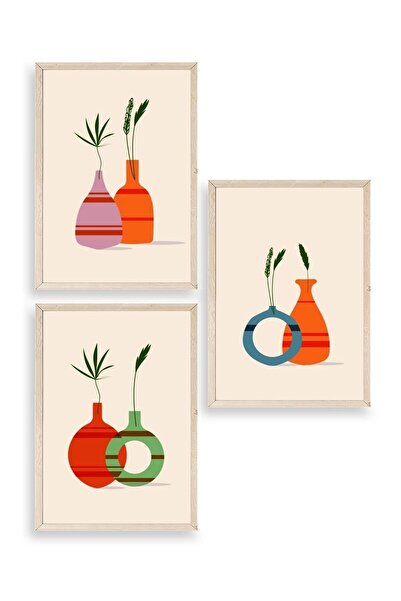 CT STONES Floral Patterned Triple Wooden Framed Painting