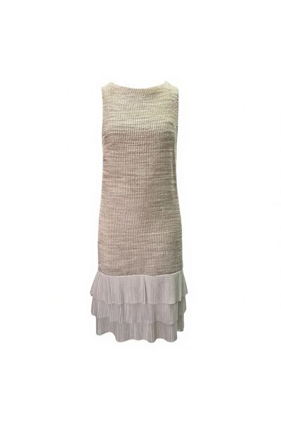 Eight Fashion Women's Tweed Shiny Gold Glitter Pleated Back Tie Zipper Dress