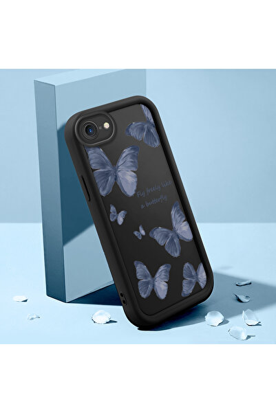 ucuc iPhone 7/8/SE 2020 2022 Uyumlu Siyah Silikon Kelebek Desen Darbe Koruma ...